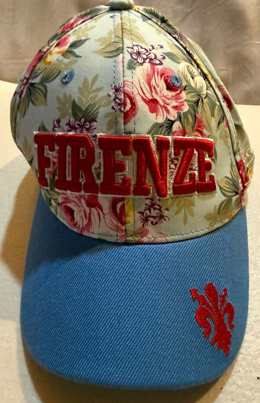 Firenze Florence Italy Floral Souvenir Hat Cap Blue Brim Fleur de Lis Adjustable